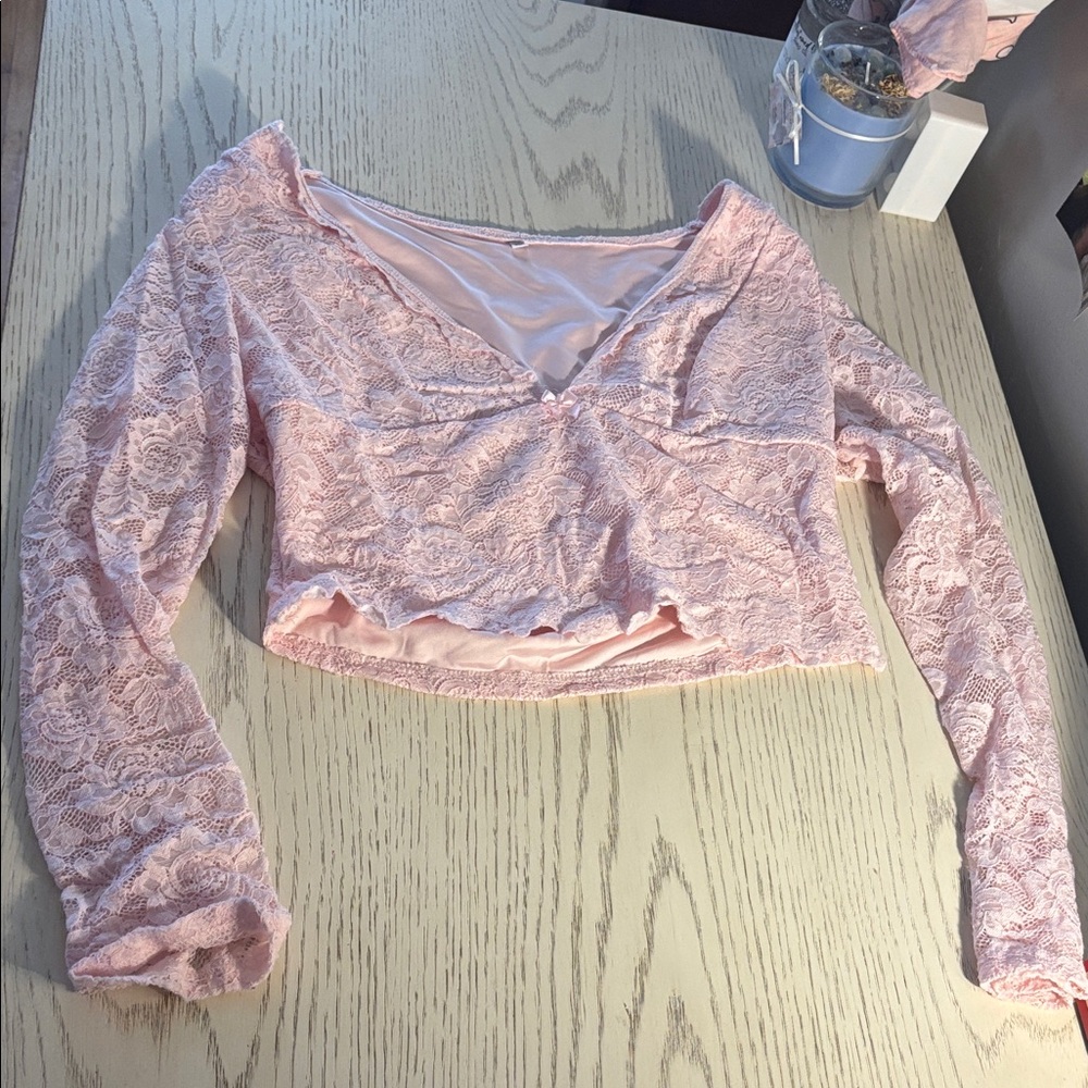 SHEIN Light Pink Lace V-Neck Crop Top